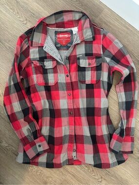 Sims Snowboarding Checkered Plaid Button Down Cotton Flannel Red/Black Pockets